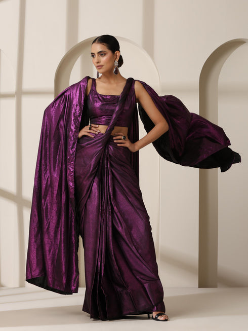 Punk Couture Purple Saree With Self Fabric Blouse