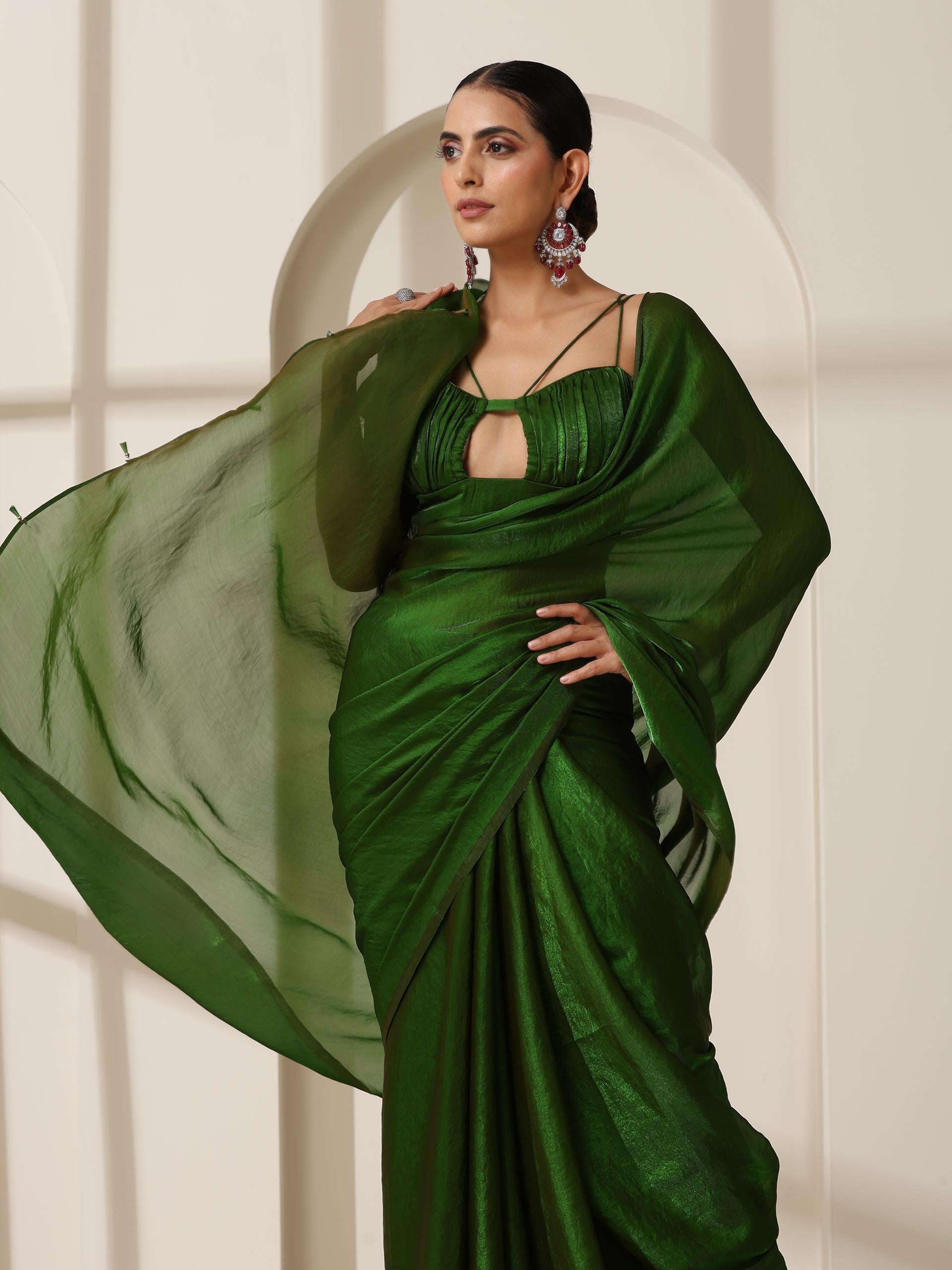 Intoxicated metallic satin green saree with blouse fabric — view 5