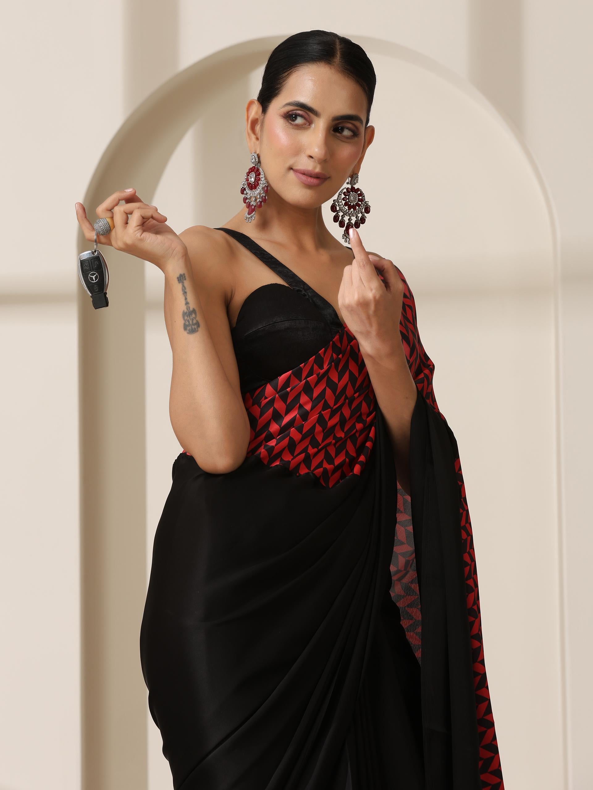 Marlboro Satin Saree with Black Blouse Fabric