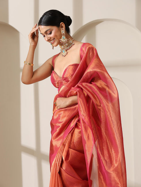 Rani Copper Banarasi Tissue Saree with Blouse Fabric