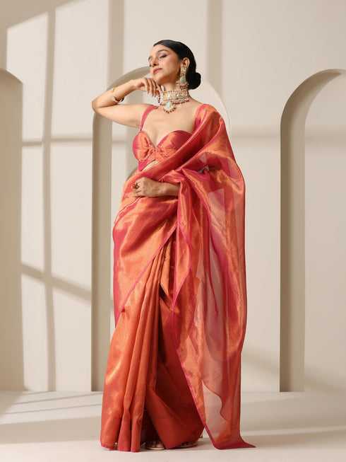 Rani Copper Banarasi Tissue Saree with Blouse Fabric