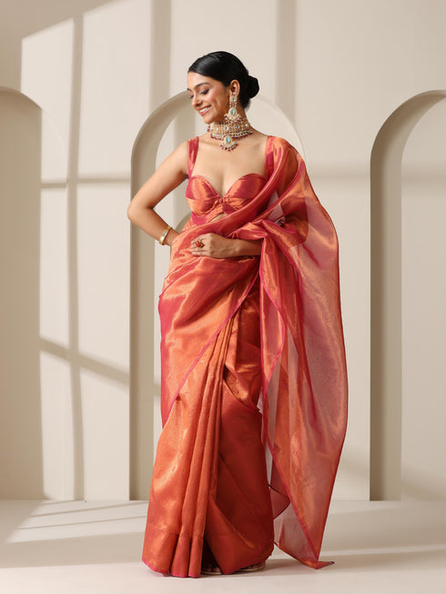 Rani Copper Banarasi Tissue Saree with Blouse Fabric