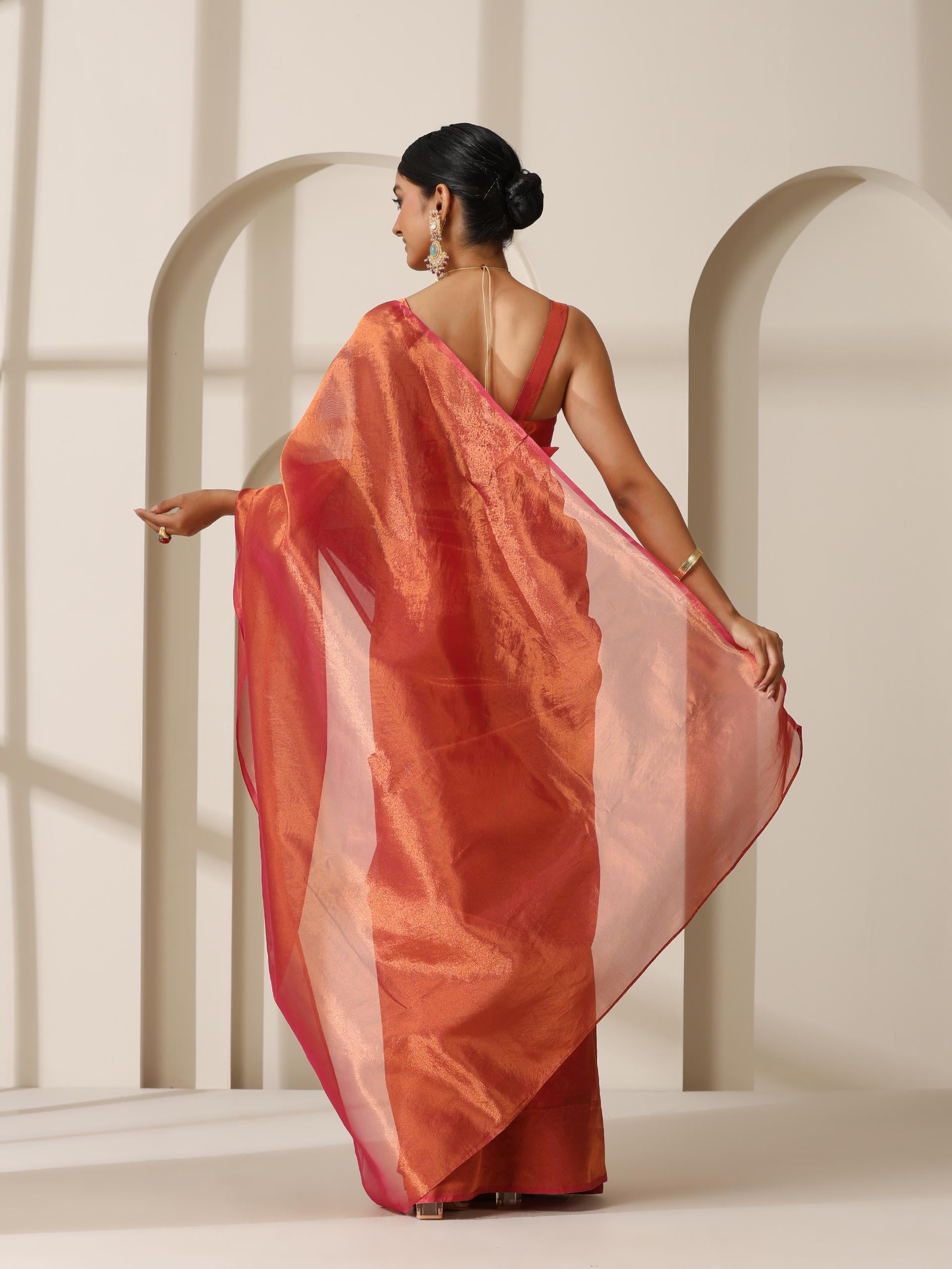 Rani Copper Banarasi Tissue Saree with Blouse Fabric