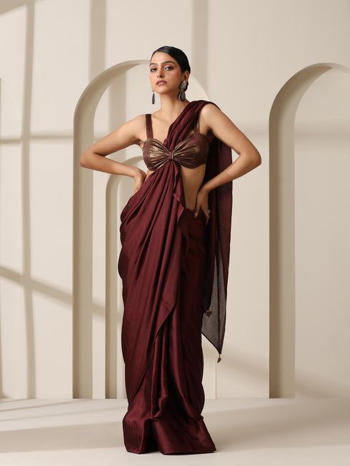 Chocolate Chiffon Saree with Gold Chocolate Blouse Fabric