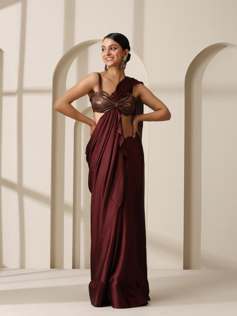 Chocolate Chiffon Saree with Gold Chocolate Blouse Fabric