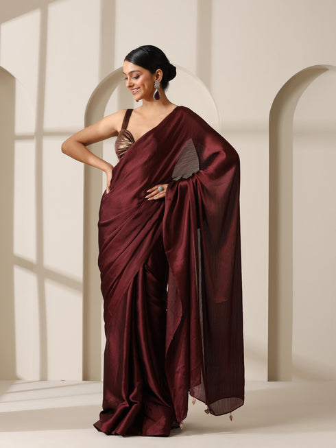Chocolate Chiffon Saree with Gold Chocolate Blouse Fabric