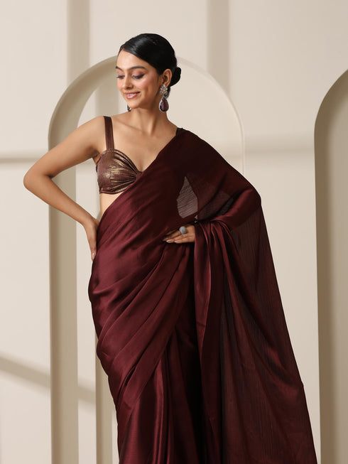 Chocolate Chiffon Saree with Gold Chocolate Blouse Fabric
