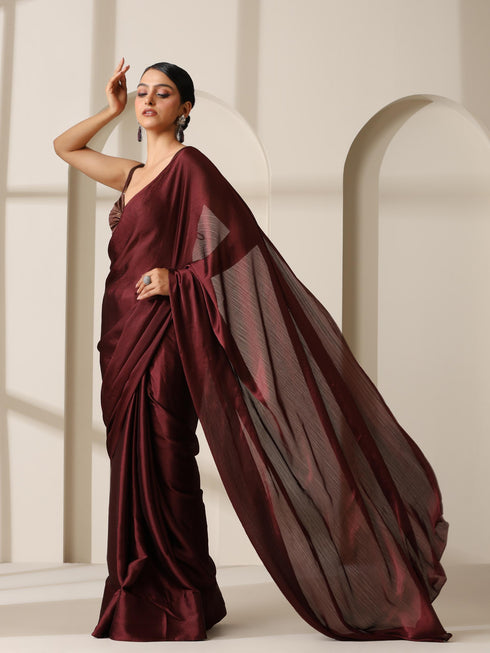 Chocolate Chiffon Saree with Gold Chocolate Blouse Fabric