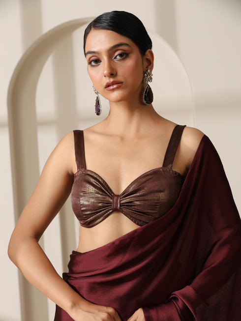 Chocolate Chiffon Saree with Gold Chocolate Blouse Fabric