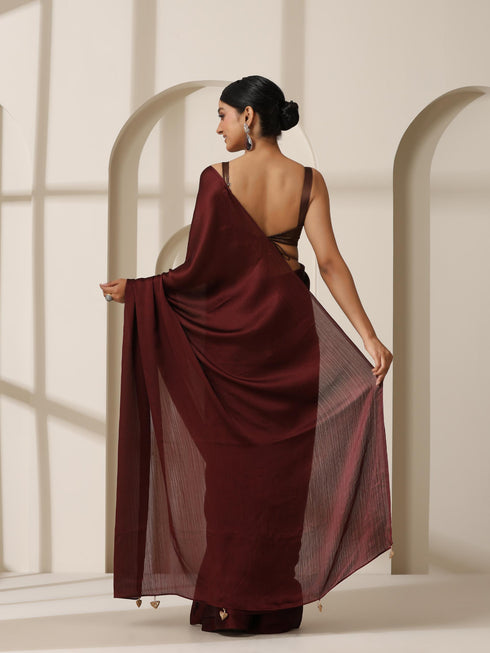 Chocolate Chiffon Saree with Gold Chocolate Blouse Fabric