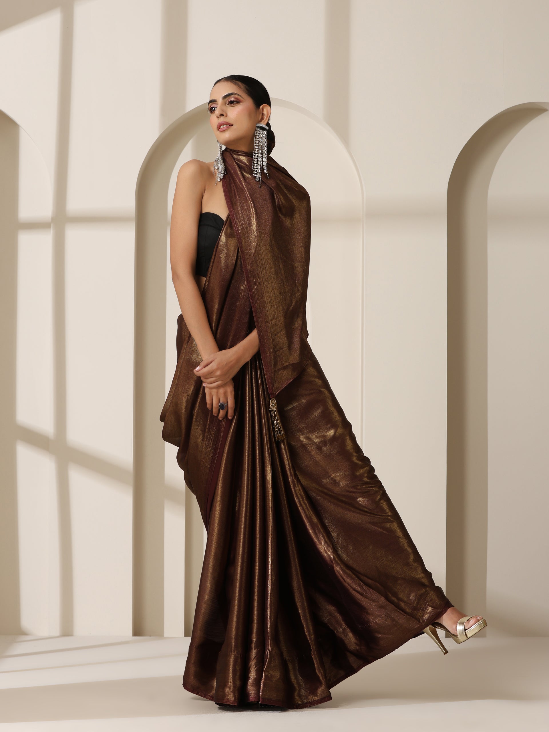 Gold Chocolate Chiffon Saree with Blouse Fabric