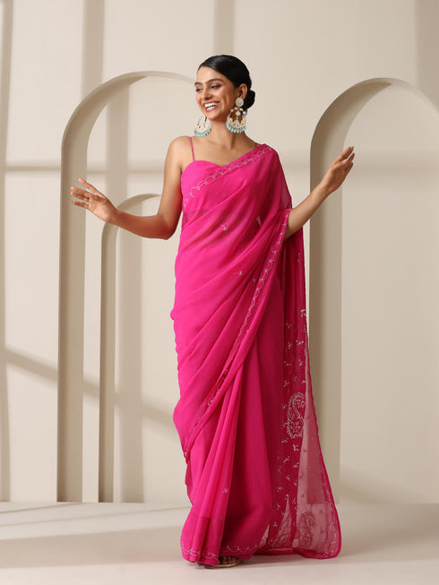 Fuchsia Rahet Hand Chikankari Saree with Blouse Fabric