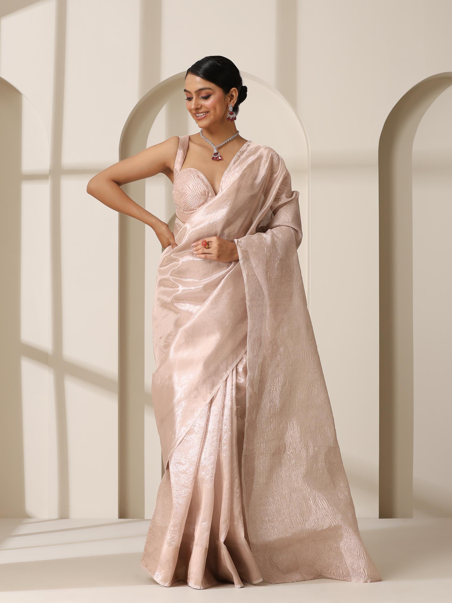 Rose Pearl Banarasi Tissue Saree with Blouse Fabric