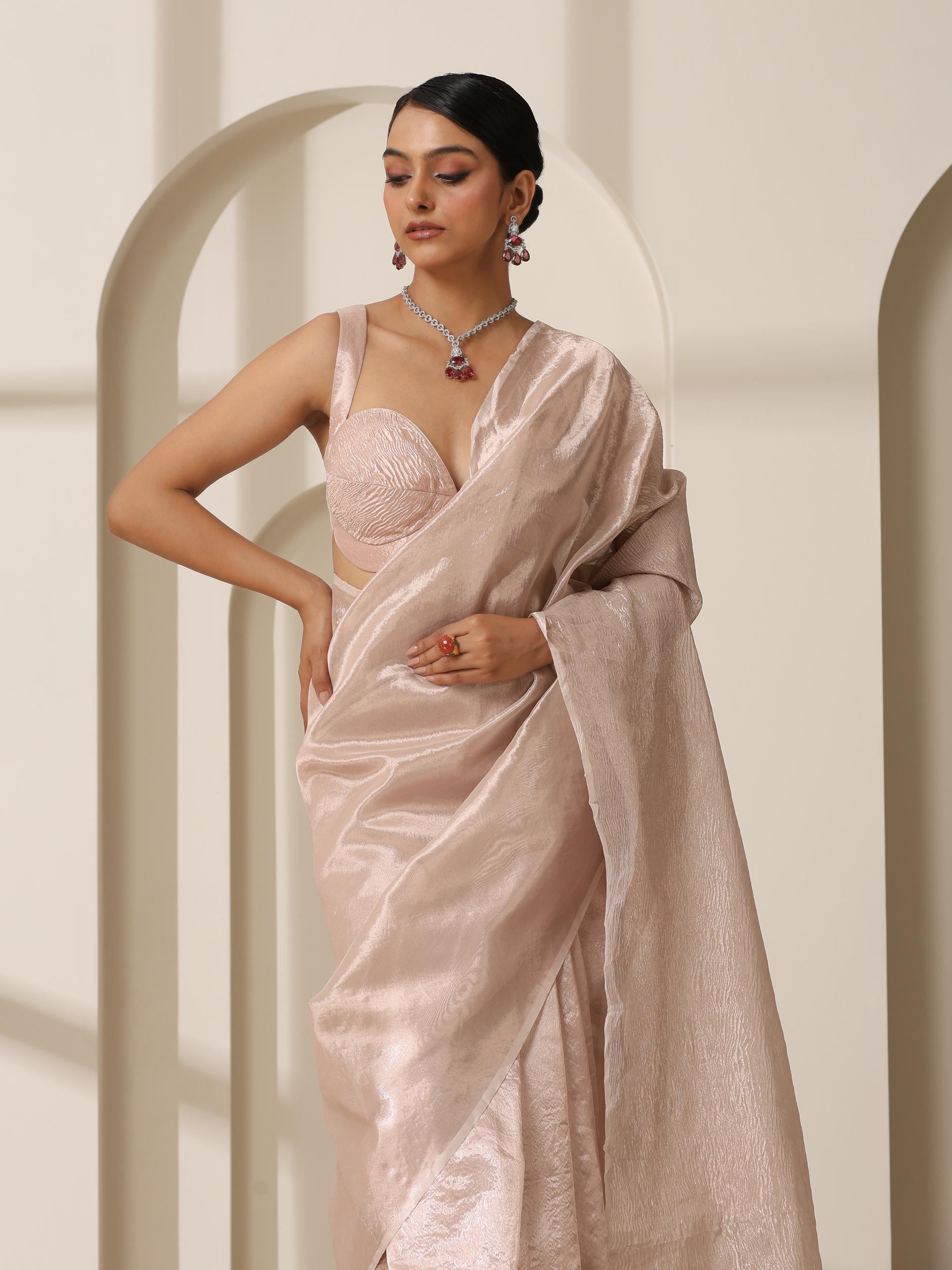 Rose Pearl Banarasi Tissue Saree with Blouse Fabric