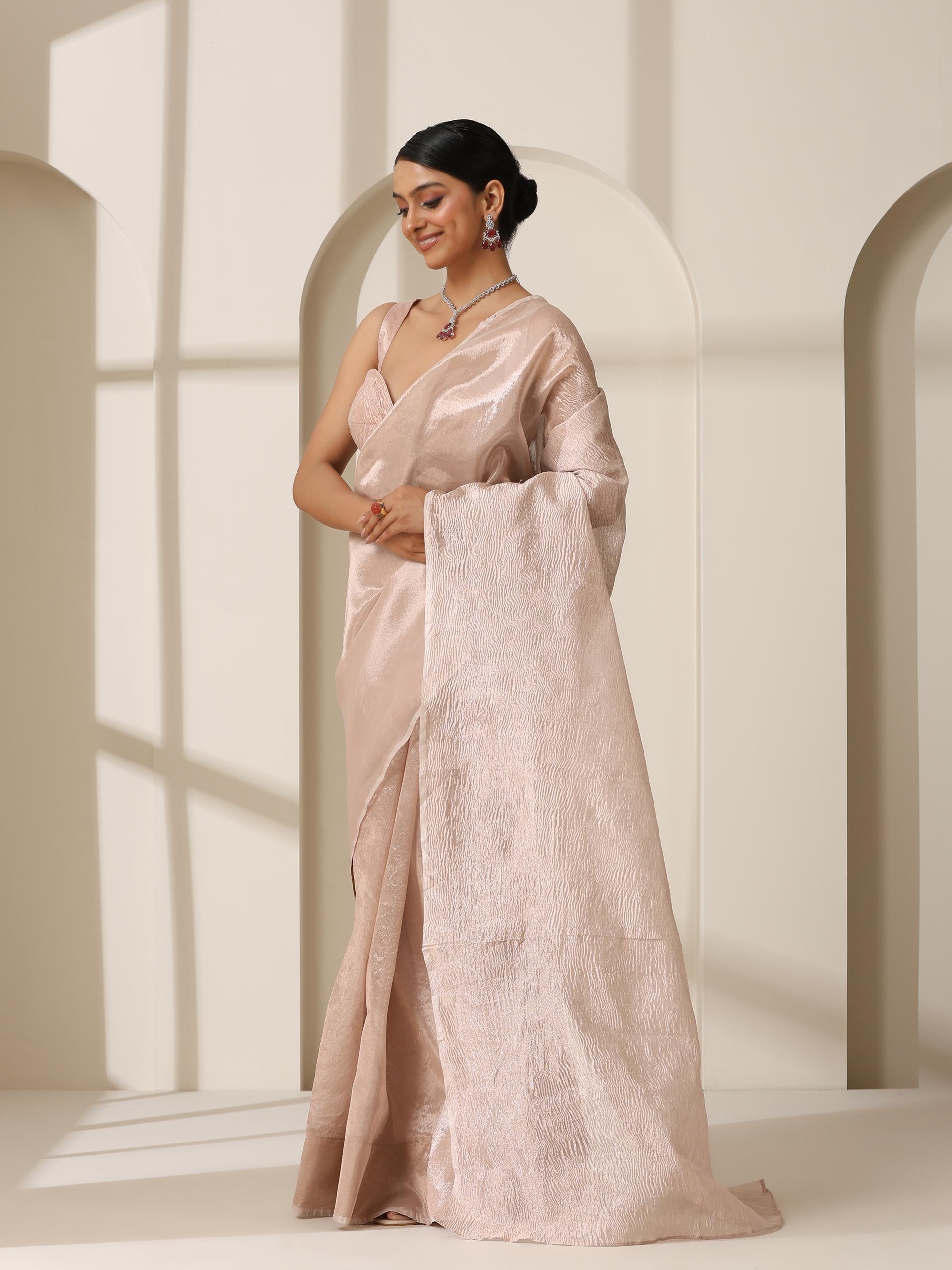 Rose Pearl Banarasi Tissue Saree with Blouse Fabric