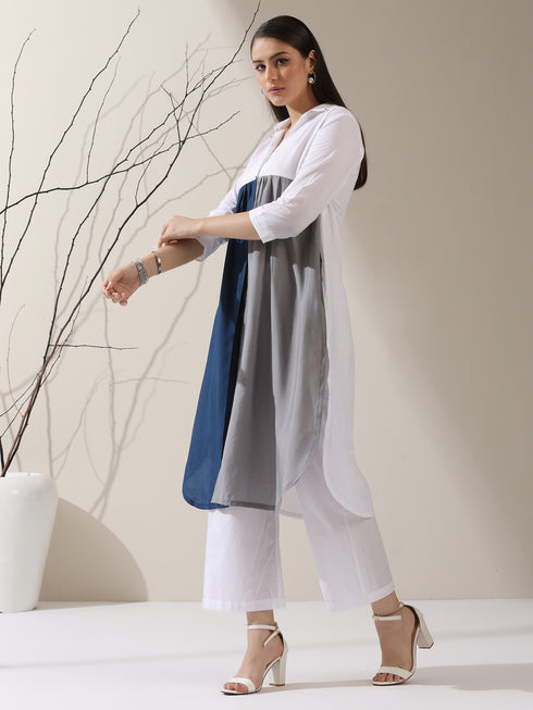 Women's White AirSkin Color Block Kurta with Navy & Grey Panels and Pants | 2 Pc Set, Cool Ethnic Co-ord, Contemporary Everyday Wear