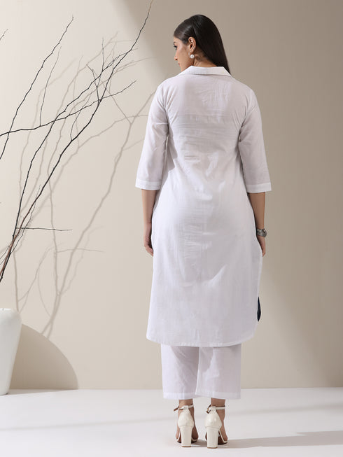 Women's White AirSkin Color Block Kurta with Navy & Grey Panels and Pants | 2 Pc Set, Cool Ethnic Co-ord, Contemporary Everyday Wear