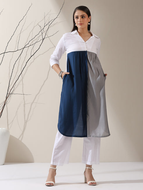 Women's White AirSkin Color Block Kurta with Navy & Grey Panels and Pants | 2 Pc Set, Cool Ethnic Co-ord, Contemporary Everyday Wear