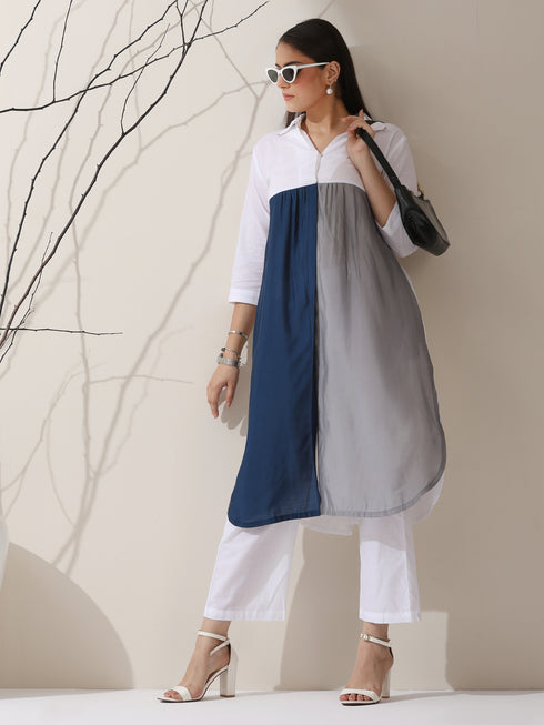 Women's White AirSkin Color Block Kurta with Navy & Grey Panels and Pants | 2 Pc Set, Cool Ethnic Co-ord, Contemporary Everyday Wear