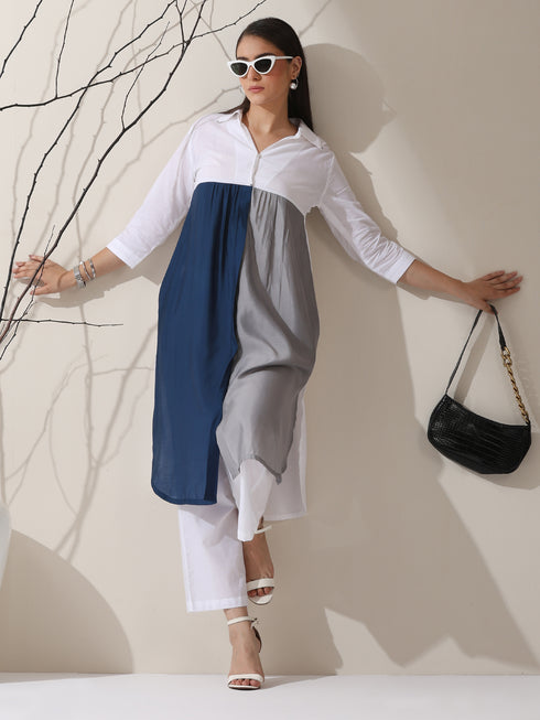 Women's White AirSkin Color Block Kurta with Navy & Grey Panels and Pants | 2 Pc Set, Cool Ethnic Co-ord, Contemporary Everyday Wear