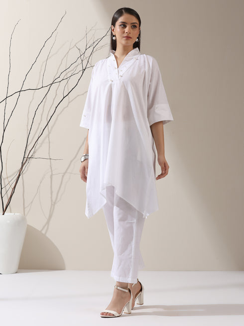 Women's White Cotton Top with Japanese Overlap & Pearl Detailing | 1 Pc, Elegant Fusion Wear, Minimal Chic