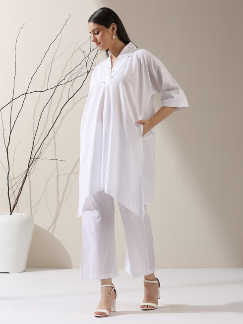 Women's White Cotton Top with Japanese Overlap & Pearl Detailing | 1 Pc, Elegant Fusion Wear, Minimal Chic