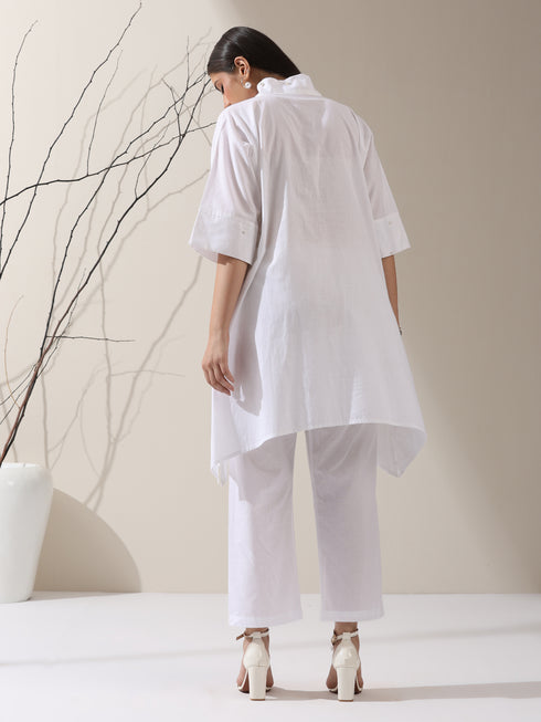 Women's White Cotton Top with Japanese Overlap & Pearl Detailing | 1 Pc, Elegant Fusion Wear, Minimal Chic