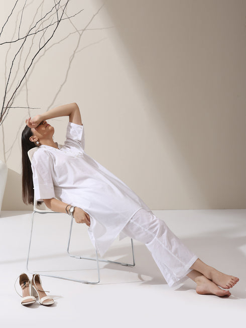 Women's White Cotton Top with Japanese Overlap & Pearl Detailing | 1 Pc, Elegant Fusion Wear, Minimal Chic