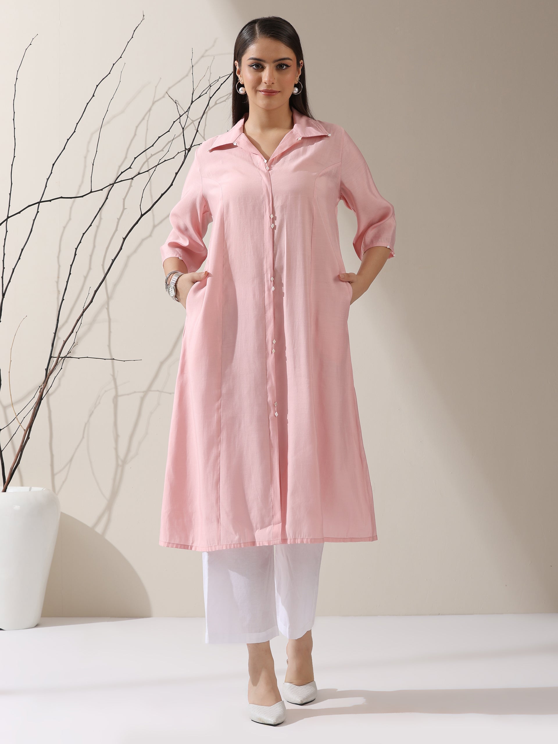 Women's Pink AirSkin Paneled Kurta with Triangle Beads and Pants | 2 Pc Set, Lightweight Ethnic Co-ord, Elegant Everyday Wear
