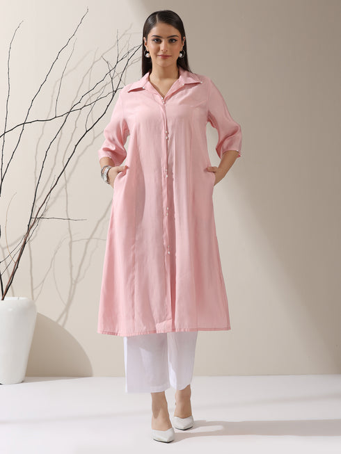 Women's Pink AirSkin Paneled Kurta with Triangle Beads and Pants | 2 Pc Set, Lightweight Ethnic Co-ord, Elegant Everyday Wear