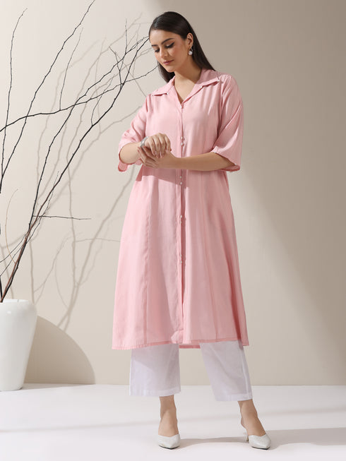 Women's Pink AirSkin Paneled Kurta with Triangle Beads and Pants | 2 Pc Set, Lightweight Ethnic Co-ord, Elegant Everyday Wear