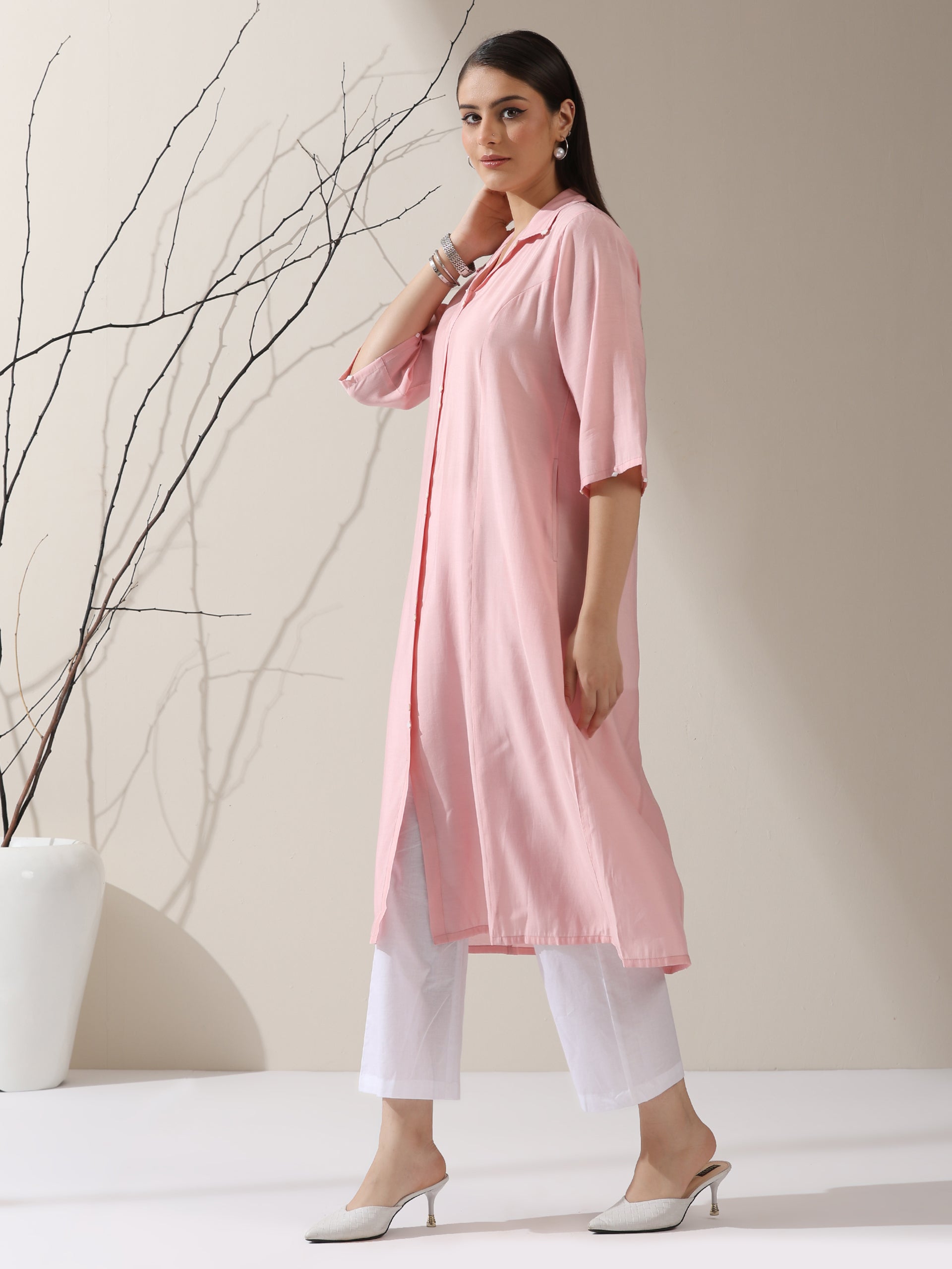 Women's Pink AirSkin Paneled Kurta with Triangle Beads and Pants | 2 Pc Set, Lightweight Ethnic Co-ord, Elegant Everyday Wear