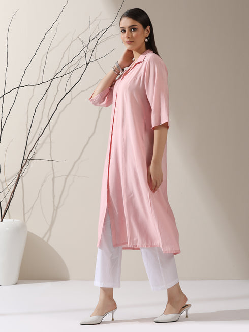 Women's Pink AirSkin Paneled Kurta with Triangle Beads and Pants | 2 Pc Set, Lightweight Ethnic Co-ord, Elegant Everyday Wear