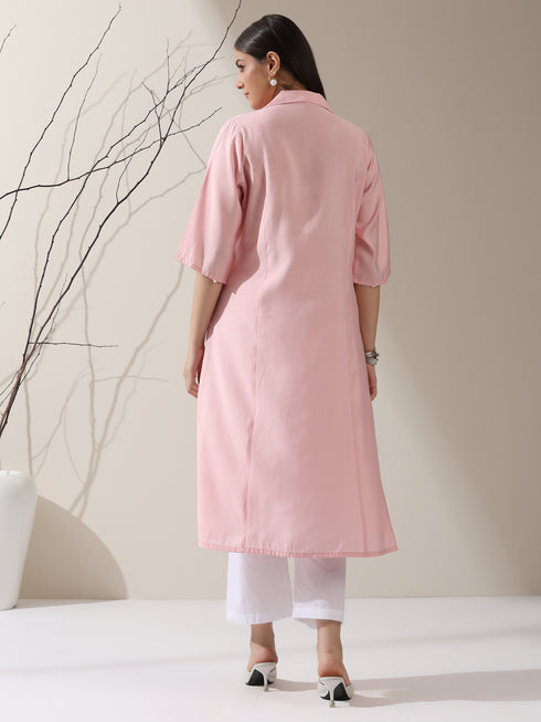 Women's Pink AirSkin Paneled Kurta with Triangle Beads and Pants | 2 Pc Set, Lightweight Ethnic Co-ord, Elegant Everyday Wear