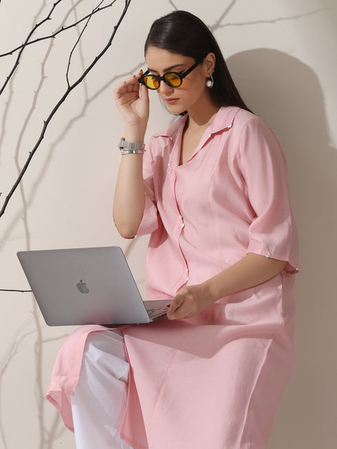 Women's Pink AirSkin Paneled Kurta with Triangle Beads and Pants | 2 Pc Set, Lightweight Ethnic Co-ord, Elegant Everyday Wear