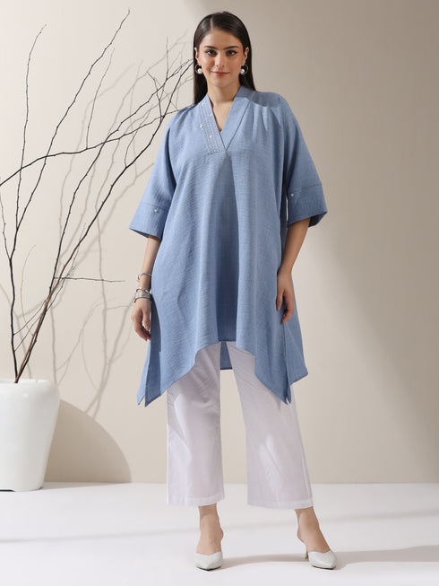 Women's Denim-Look Linen Blend Top with Japanese Overlap & Hand Stitching | 1 Pc, Artisanal Detailing, Contemporary Fusion Wear
