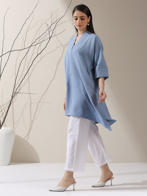 Women's Denim-Look Linen Blend Top with Japanese Overlap & Hand Stitching | 1 Pc, Artisanal Detailing, Contemporary Fusion Wear