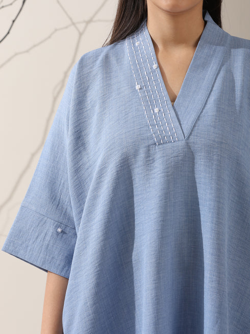 Women's Denim-Look Linen Blend Top with Japanese Overlap & Hand Stitching | 1 Pc, Artisanal Detailing, Contemporary Fusion Wear
