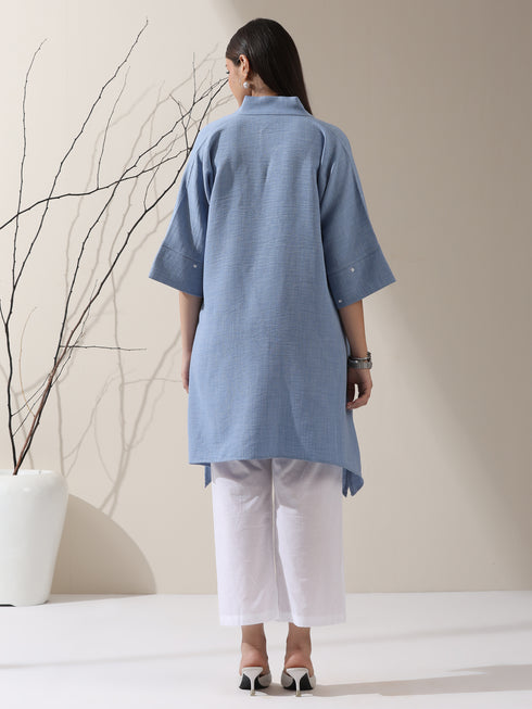 Women's Denim-Look Linen Blend Top with Japanese Overlap & Hand Stitching | 1 Pc, Artisanal Detailing, Contemporary Fusion Wear