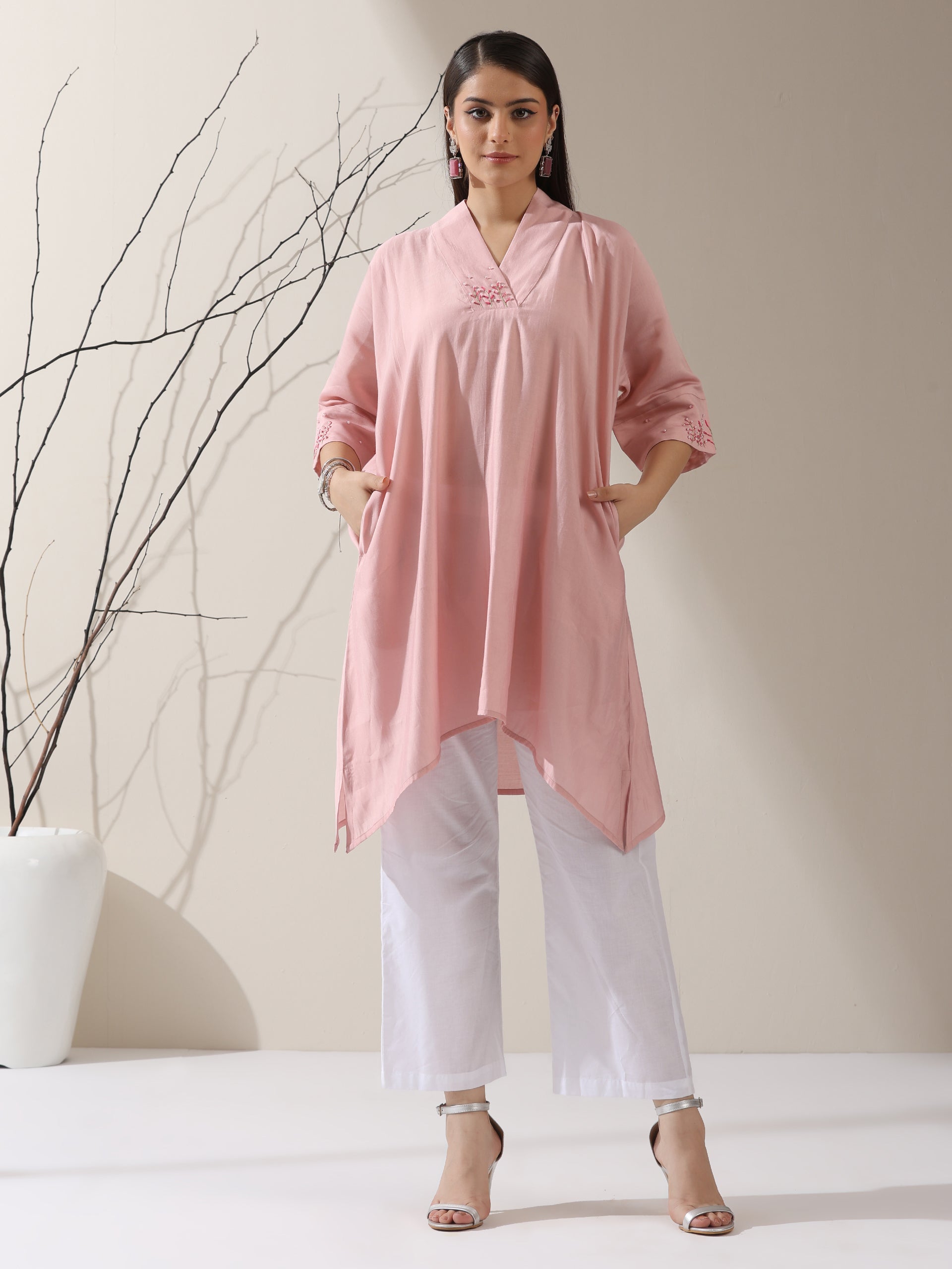 2-Piece Pink AirSkin Kurta Set for Women – Japanese-Inspired Hand Embroidered Top with Matching Pants | Lightweight Ethnic Co-ord