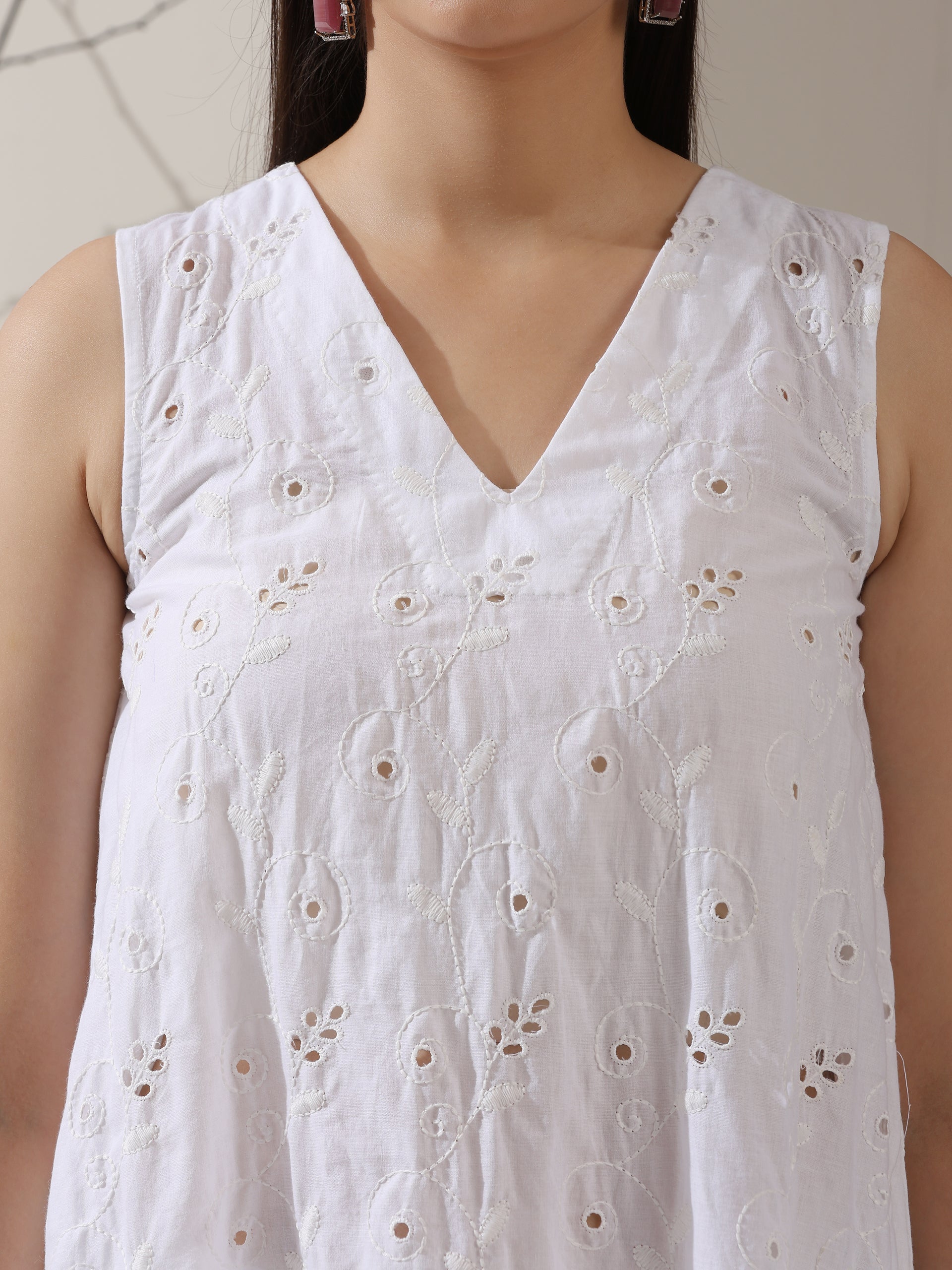 Women's White Cotton Kurta with All-Over Creeper Schiffli & Pants | 2 Pc Set, Embroidered Ethnic Co-ord, Breezy Summer Wear