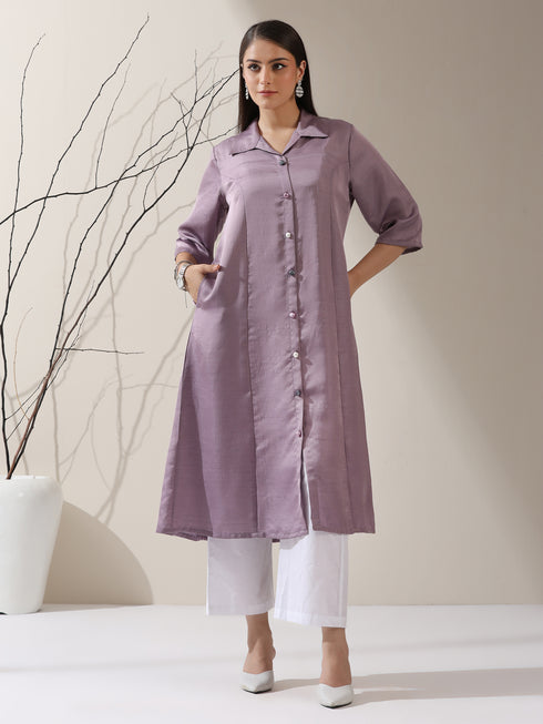 Women's Lilac Prf't Lux Paneled Collar Kurta with Freshwater Pearls & Pants | 2 Pc Set, Luxe Ethnic Co-ord, Elegant Festive Wear