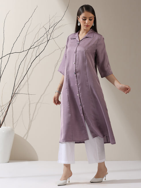 Women's Lilac Prf't Lux Paneled Collar Kurta with Freshwater Pearls & Pants | 2 Pc Set, Luxe Ethnic Co-ord, Elegant Festive Wear
