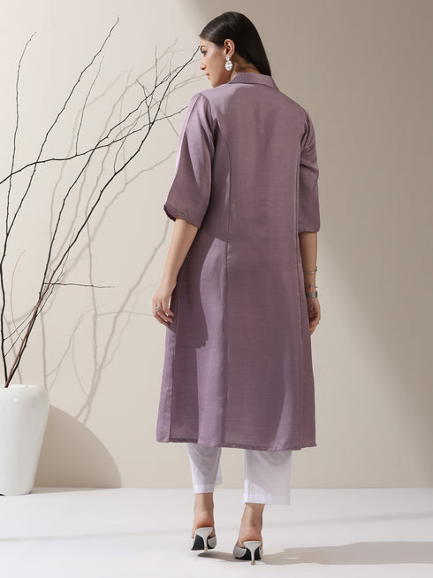 Women's Lilac Prf't Lux Paneled Collar Kurta with Freshwater Pearls & Pants | 2 Pc Set, Luxe Ethnic Co-ord, Elegant Festive Wear