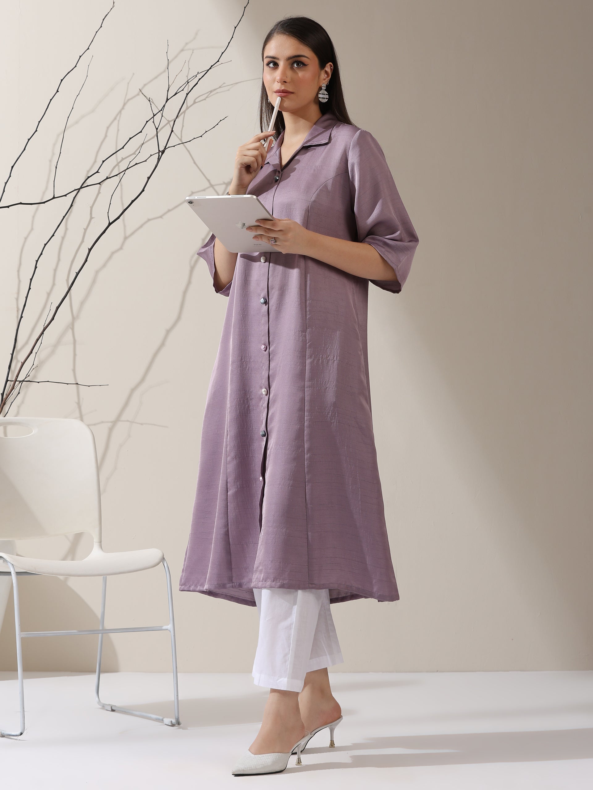 Women's Lilac Prf't Lux Paneled Collar Kurta with Freshwater Pearls & Pants | 2 Pc Set, Luxe Ethnic Co-ord, Elegant Festive Wear