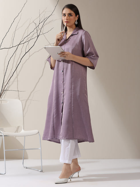 Women's Lilac Prf't Lux Paneled Collar Kurta with Freshwater Pearls & Pants | 2 Pc Set, Luxe Ethnic Co-ord, Elegant Festive Wear