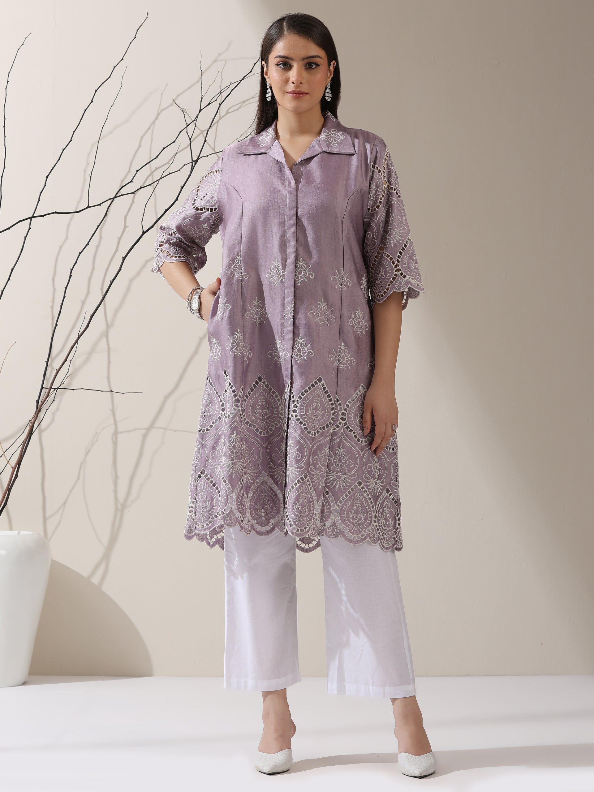 Women's Lilac Lux Beetal Schiffli Kurta with Pants | 2 Pc Set, All-Over Embroidery, Collar Panel, Soft Cotton Ethnic Co-ord