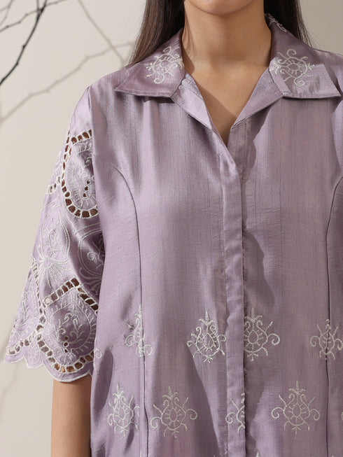 Women's Lilac Lux Beetal Schiffli Kurta with Pants | 2 Pc Set, All-Over Embroidery, Collar Panel, Soft Cotton Ethnic Co-ord