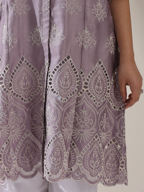 Women's Lilac Lux Beetal Schiffli Kurta with Pants | 2 Pc Set, All-Over Embroidery, Collar Panel, Soft Cotton Ethnic Co-ord