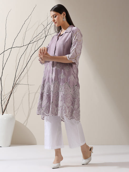 Women's Lilac Lux Beetal Schiffli Kurta with Pants | 2 Pc Set, All-Over Embroidery, Collar Panel, Soft Cotton Ethnic Co-ord